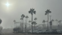 The sun breaks through fog at Belmont Park, Saturday. It burned off by late morning, August 29, 2026.