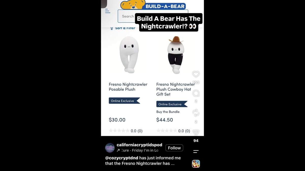 Build-A-Bear Workshop has started offering a Fresno Nightcrawler plush online, naked or with accessories, pictured here in an Instagram screenshot from California Cryptids.
