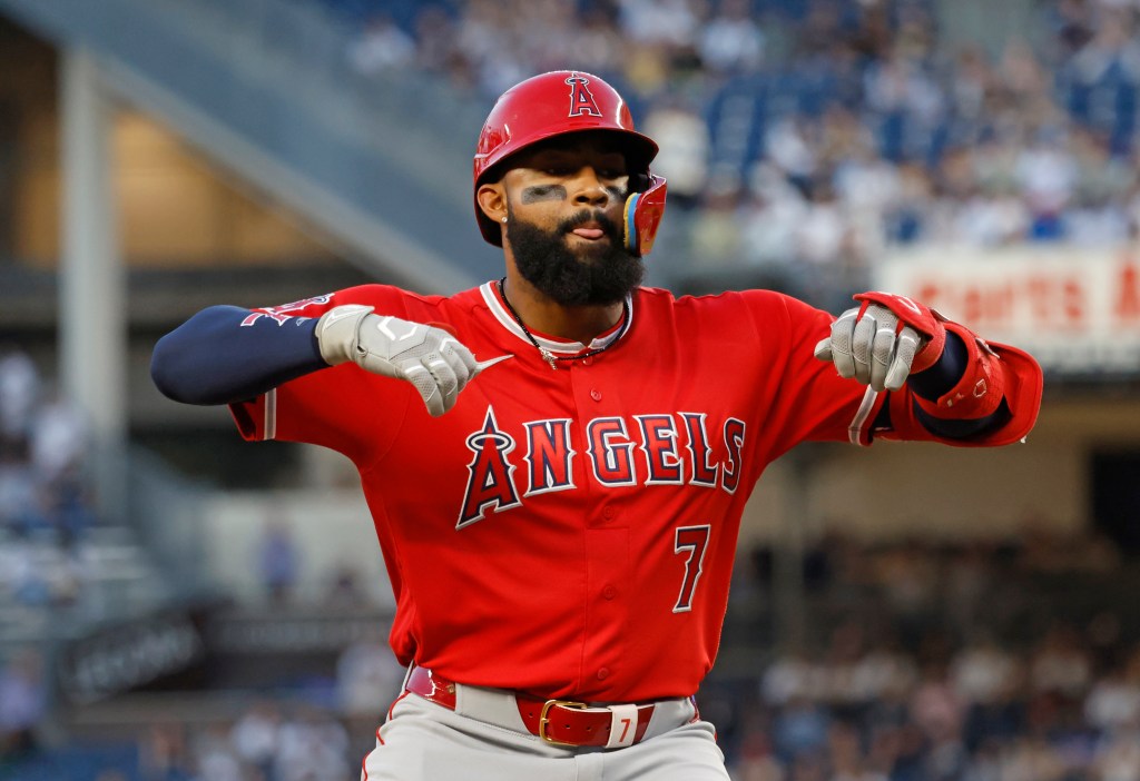 Jo Adell celebrates during a Los Angeles Angels game.