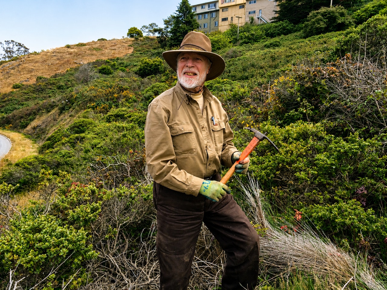 In May 2015, Jake Sigg wields a hand mattock, meant for weeding, during a weekly CNPS volunteer restoration project at O'Shaunessy Hollow, an area rich with diverse native plants thanks to a natural seep. The area is just west of O'Shaunessy Boulevard and immediately west of Glen Canyon in San Francisco.