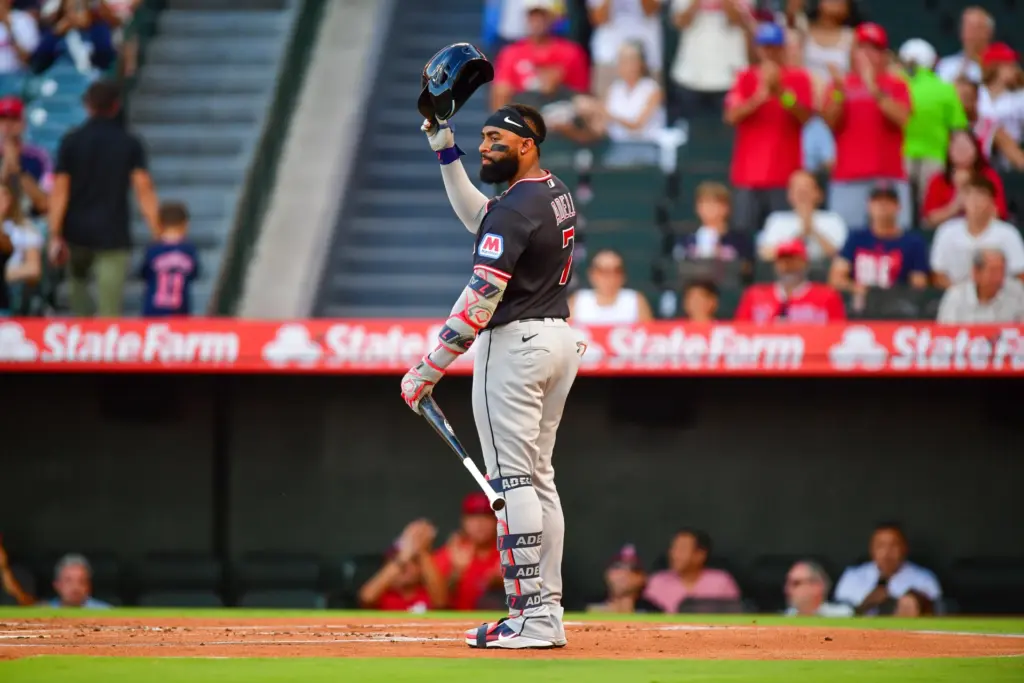 Aug 24, 2026; Anaheim, California, USA; Cleveland Guardians designated hitter Jo Adell (7) acknowledges the crowd before hitting against the Los Angeles Angels during the first inning at Angel Stadium. Mandatory Credit: Gary A. Vasquez-Imagn Images
