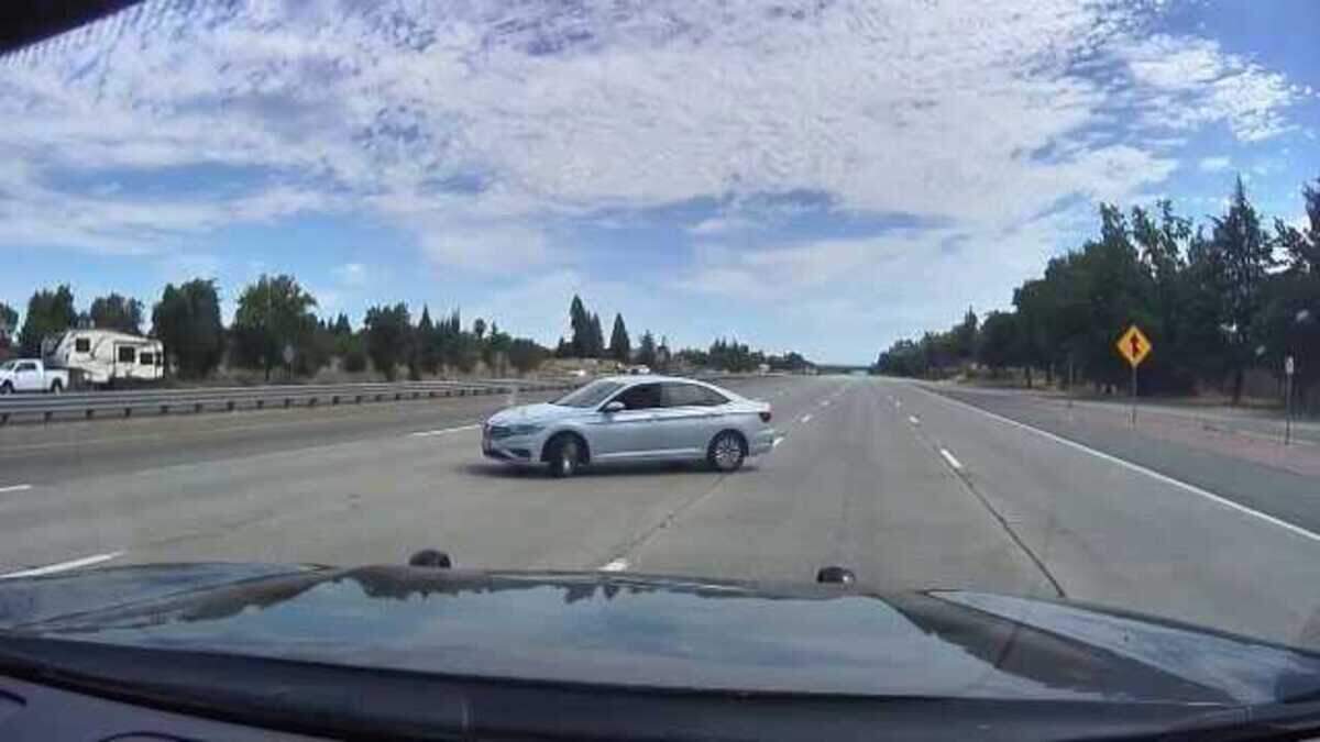 William Kreuzer is seen turning his car around to face pursuing Sacramento County sheriff’s deputies on Interstate 80 near the Antelope Road exit on July 5, 2026. Deputies had pursued Kreuzer after his former wife reported escaping days of domestic violence, authorities said.