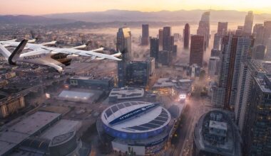 In a rendition, a Midnight air taxi from Archer Aviation heads to Crypto.com Arena.