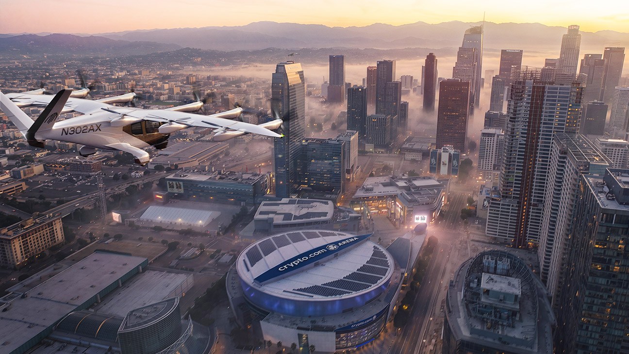 In a rendition, a Midnight air taxi from Archer Aviation heads to Crypto.com Arena.