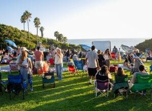 crowd of people on grassy elevated hill by beach. outdoor movie night