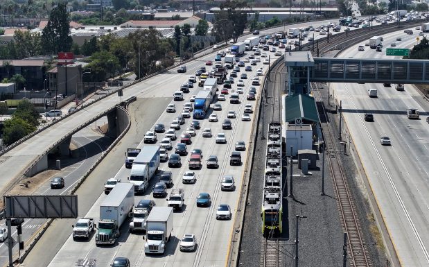 A LA Metro A Line train travels next to a busy eastbound 210 freeway Thursday afternoon on Aug. 6, 2026 in Pasadena. (Photo by Dean Musgrove, Los Angeles Daily News/SCNG)