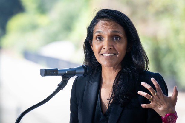 Councilwoman and LA mayoral candidate Nithya Raman holds a press conference in Studio City after Los Angeles' homeless count shows more people are living on the street in the city on Friday, July 24, 2026. (Photo by Sarah Reingewirtz, Los Angeles Daily News/SCNG)