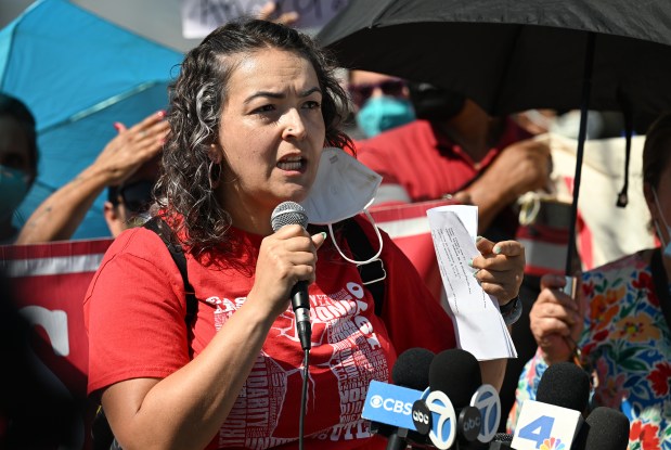Jennifer Marquez is teacher at Esteban Torres High School.  Residents of East L.A. and Boyle Heights held a press conference calling for the terminate shut down of Lineage on July 31, 2026 in Boyle Heights, CA. (Photo by John McCoy, Contributing Photographer)