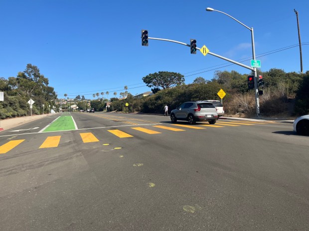 Repainting at the crosswalk of Fay Avenue and Nautilus Street has been completed, the city of San Diego says. (Noah Lyons)