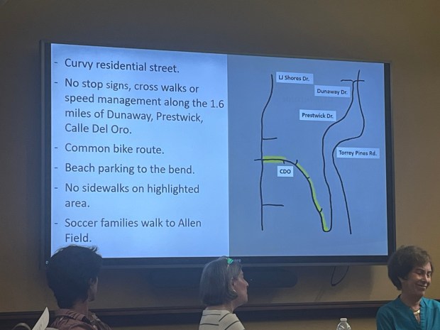 Area resident Laura Eaton describes some of the issues she's observed at Prestwick Drive, Calle del Oro and Dunaway Drive. She, too, sought the La Jolla Traffic & Transportation board's support for traffic calming measures. (Noah Lyons)