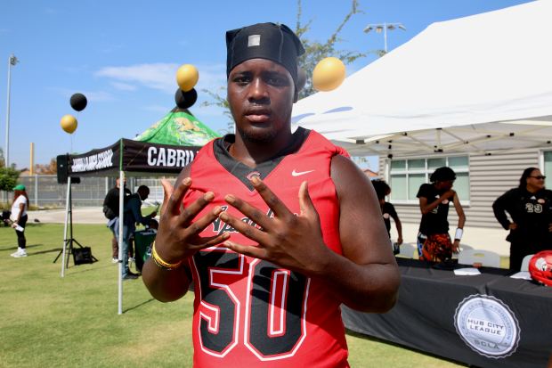 Centennial High School defensive tackle Magic Haynes participates in the first Hub City League Football Media Day on Thursday, Aug. 6, 2026, at Compton High School in Compton. (Photo by Howard Freshman, Contributing Photographer)