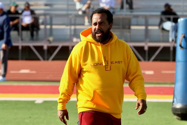 Wilson head coach Raudric Curtis oversees a spring football showcase on Friday, May 1, 2026, at Wilson High School in Long Beach. (Photo by Howard Freshman, Contributing Photographer)