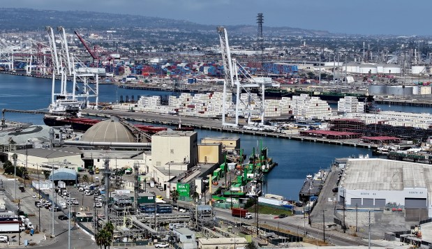 A barge sits at BlueCore Energy (bottom right), headquartered at the Port of Long Beach on Wednesday, August 12, 2026. (Photo by Dean Musgrove, Los Angeles Daily News/SCNG))