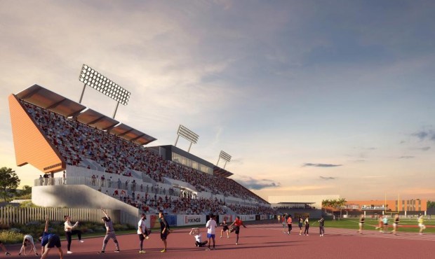 Long Beach City College's new Stadium and Athletic Sports Complex (SASC) will provide a state-of-the-art facility that consolidates the decentralized components of the current athletic facilities, such as the Kinesiology Lab and Aquatic Center (KLAC) and baseball/softball fields, into one location. Artist's redenering courtesy LBCC