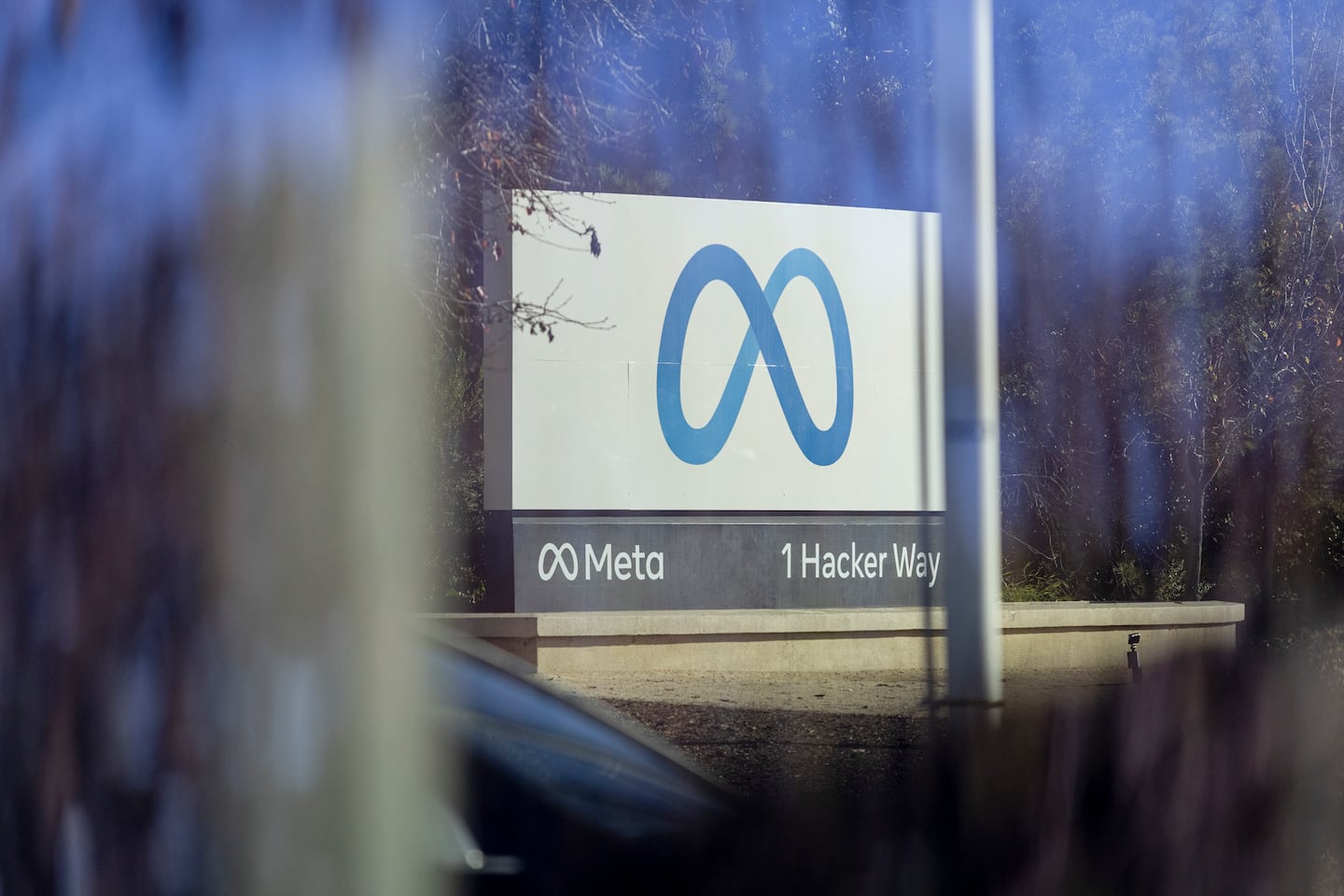 A sign at the entrance to Meta’s headquarters in Menlo Park, Calif.