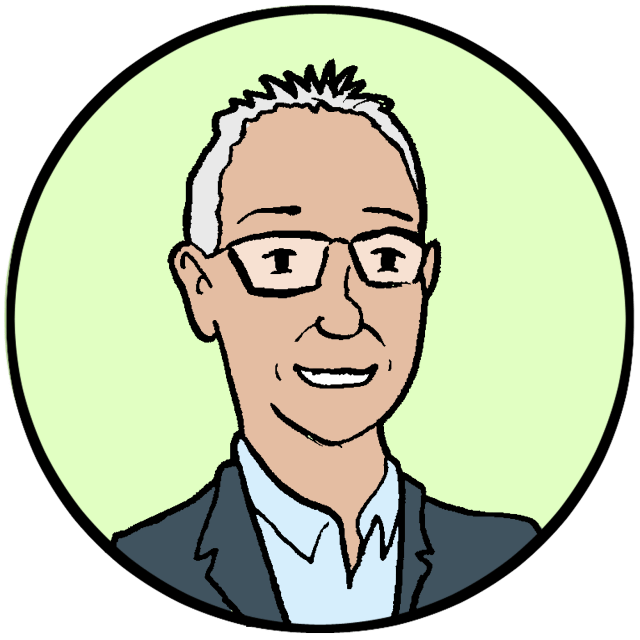 Cartoon illustration of a smiling adult with short gray hair, glasses, and a suit jacket, set against a light green circular background.