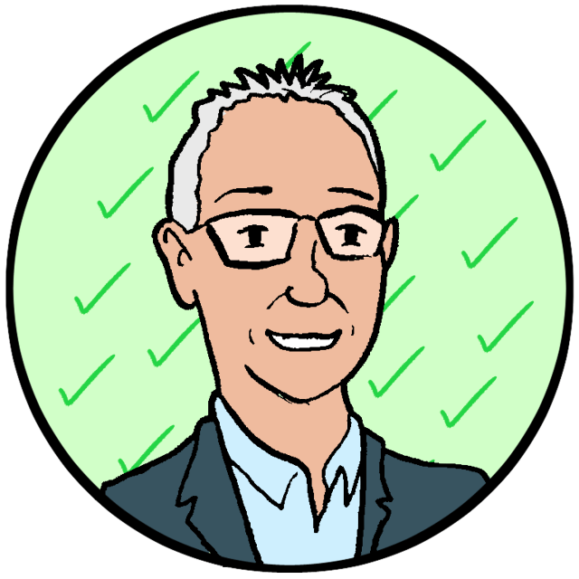 Illustration of a smiling person with short gray hair and glasses, wearing a suit jacket, set against a green background with check marks.