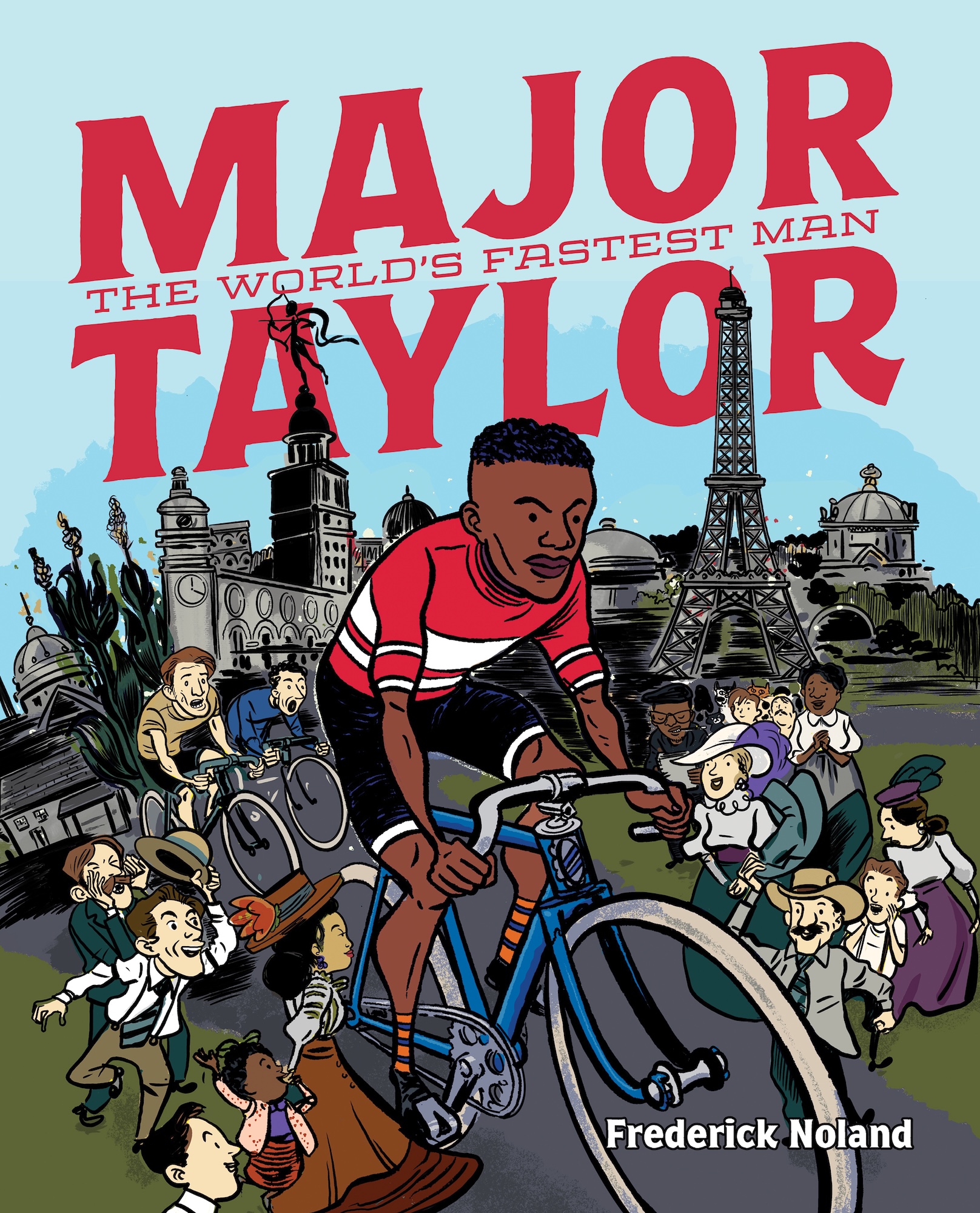 A book cover featuring an illustrated scene of a young Black man on a bicycle with a trail of other riders behind him. In the background are city monuments including the Eiffel Tower.