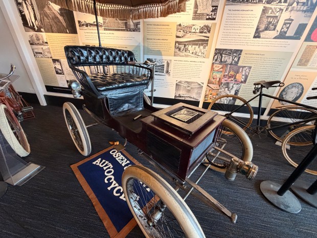 A 1899 Osen & Hunt, the first automobile to be manufactured in San Jose and the third oldest auto to be produced in California. The original was designed by William Hunt and George Osen in their bicycle emporium. (Photo by Kyarra Harris/Monterey Herald)