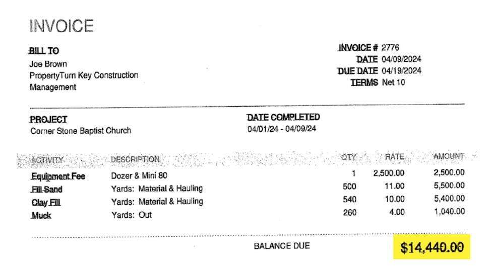 One of two invoices sent to Joseph Brown by Seals Trucking & Dirt Works for the Cornerstone...