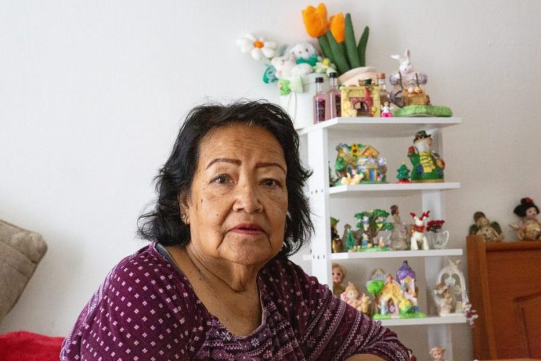 An older woman sits indoors in front of a white shelf displaying various small figurines and decorations, including flowers and toys.