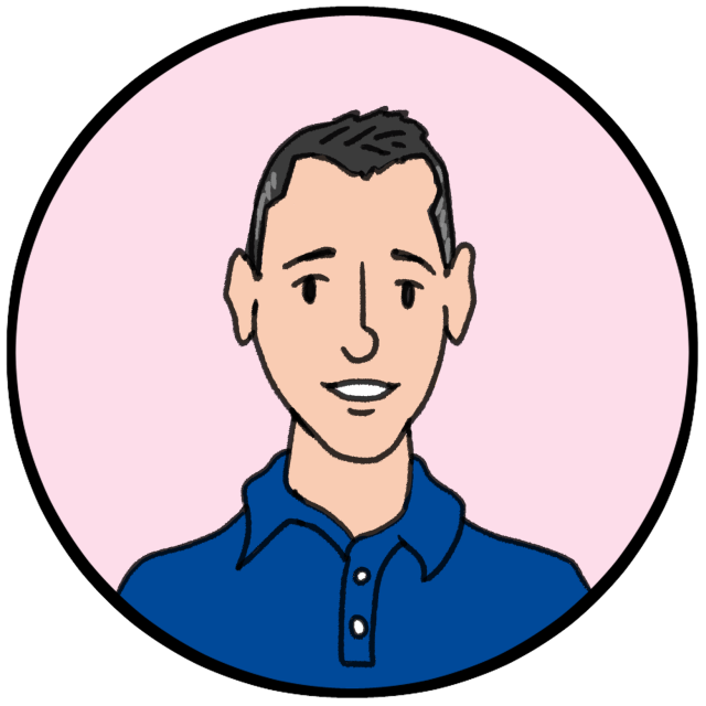 Illustrated portrait of a smiling person with short dark hair, wearing a blue collared shirt, set against a pink circular background.