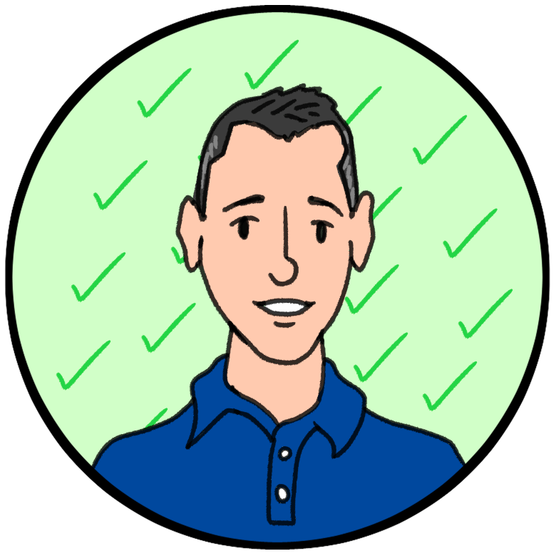 Illustrated portrait of a smiling person with short dark hair, wearing a blue collared shirt, set against a pink circular background.