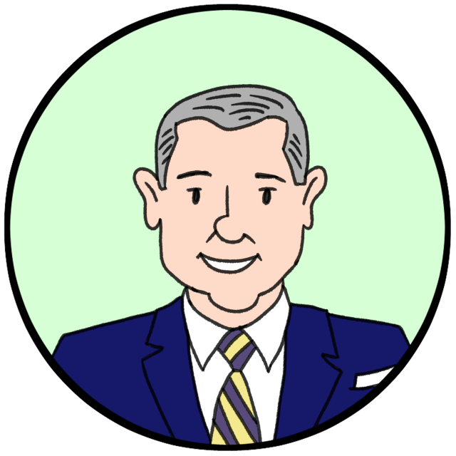 Cartoon illustration of a smiling man with gray hair in a blue suit, white shirt, and striped yellow and purple tie, set against a light green circular background.