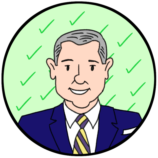 Illustration of a smiling man in a suit and tie with short gray hair, set against a green background with check marks.