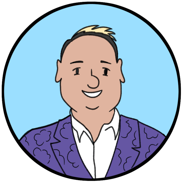 Cartoon illustration of a smiling man with short hair, wearing a white shirt and a purple patterned blazer, set against a light blue circular background.