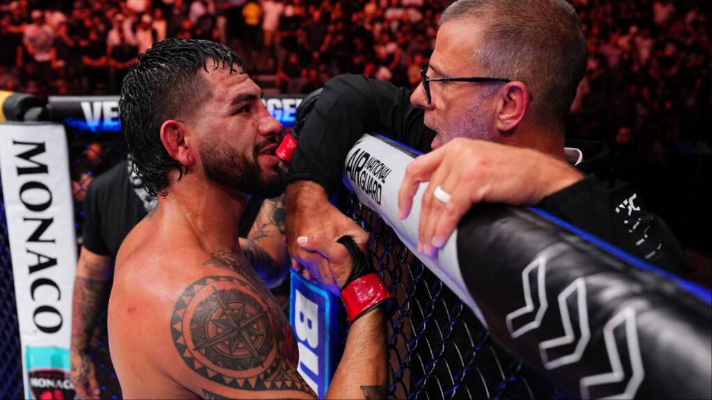 Anthony Hernandez speaks with Gregory Rodrigues' corner after UFC Sacramento