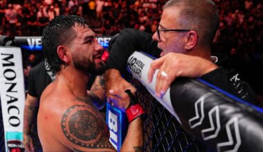 Anthony Hernandez speaks with Gregory Rodrigues' corner after UFC Sacramento