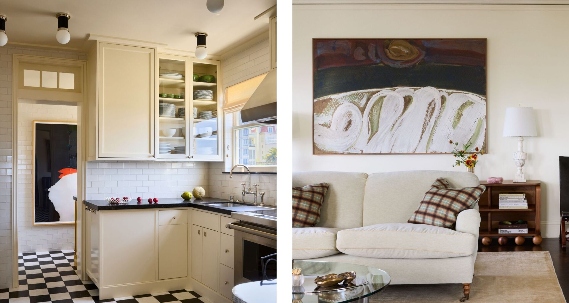 two side by side images of a stylish apartment in San Francisco