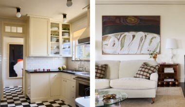 two side by side images of a stylish apartment in San Francisco