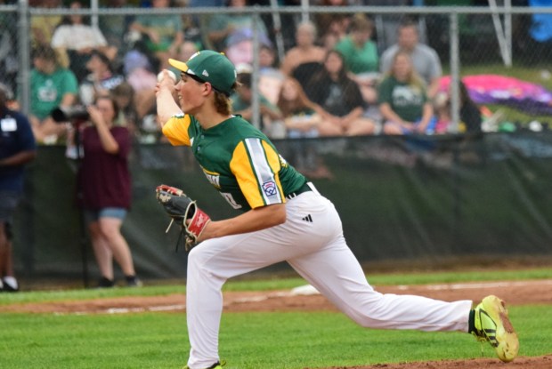 Blake Greear allowed three runs on eight hits over 3.2 innings for Taylor North in what was a 16-0 loss vs California in the U.S. championship game of the Junior League Baseball World Series on Aug 15, 2026. (ALEXANDER MULLER -- MediaNews Group)