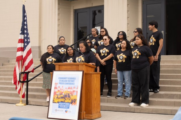 Anaheim resident and OCCCO community organizer Maritza Bermudez delivers opening remarks at celebration of state funding commitment towards community schools in Orange County.