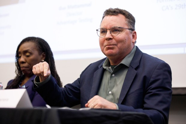 Richard Barrera, the president of San Diego Unified School District's board, speaks during a state schools superintendent forum at San Diego City College on Thursday, April 16, 2026. (Kristian Carreon / The San Diego Union-Tribune)