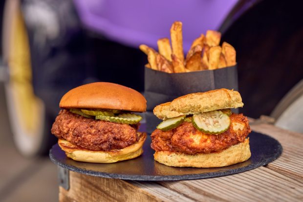 The fried chicken sandwiches on brioche bun or biscuit available at Crafty's Kitchen restaurant at Knott's Berry Farm. (Courtesy of Knott's)