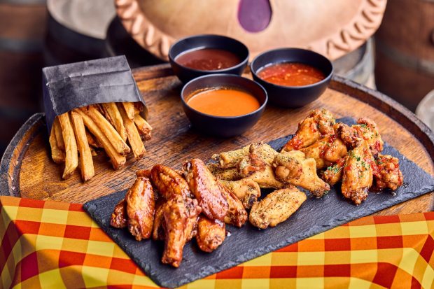 The hot wings and sauces available at Crafty's Kitchen restaurant at Knott's Berry Farm. (Courtesy of Knott's)