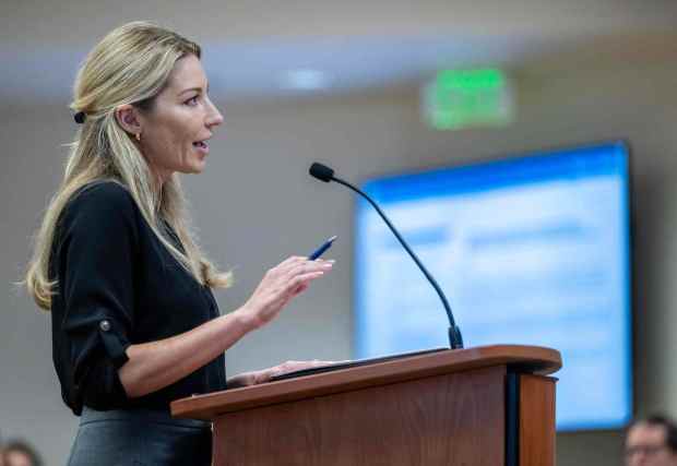 Jackie French, a Ladera Ranch resident and attorney who leads Ladera Health Watch, a community advocacy group investigating a potential cluster of Ewing sarcoma, a rare bone and soft-tissue cancer affecting local children, thanks members of the Capistrano Unified School District board for taking this issue seriously and for pausing the use of toxic chemicals on campuses during a board meeting at the district offices in San Juan Capistrano on Thursday, August 13, 2026. (Photo by Jeff Antenore, Orange County Register/SCNG)