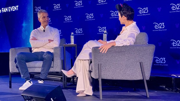 Disney CEO Josh D'Amaro is interviewed by actress Ginnifer Goodwin on Aug. 16, 2026 during a D23 media briefing in Anaheim. (Photo by Brady MacDonald, Orange County Register/SCNG)