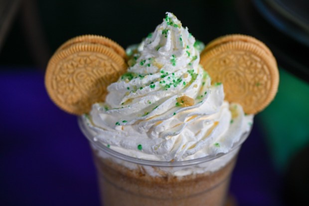 Pumpkin Pie Mickey Shake, a vanilla milkshake with pumpkin pie, whipped topping and golden creme-filled cookies, available at Schmoozies in Hollywood Land inside California Adventure. Photographed on Friday, August 21, 2026, in Anaheim. (Photo by Jeff Gritchen, Orange County Register/SCNG)