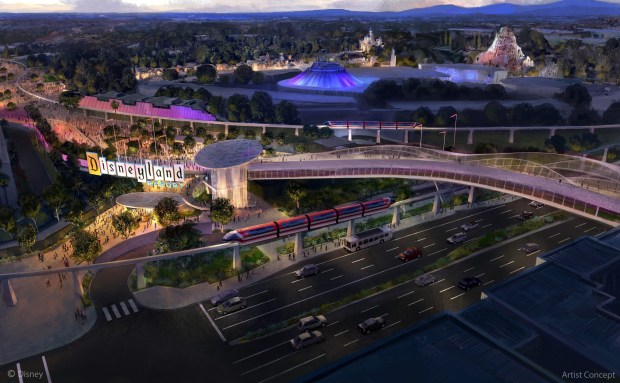 Updated concept art released by Disneyland on Aug. 24, 2026 for a new pedestrian bridge over Harbor Boulevard connecting the eastside parking structure to the theme park esplanade. (Courtesy of Disneyland)