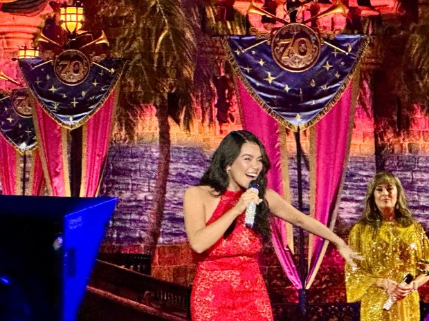 Auli'i Cravalho (voice of Moana in 2016's "Moana") performs during the Disney's World Princess Week concert in front of Sleeping Beauty Castle at Disneyland. (Brady MacDonald/SCNG/Orange County Register)