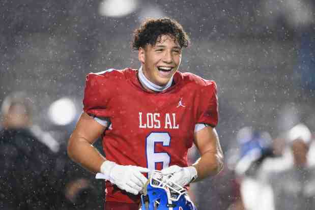 Los Alamitos' Koa Marasco (6) reacts after winning the quarterfinals of the CIF-SS Division 2 football playoffs against San Juan Hills at Veterans Stadium, Friday, Nov. 14, 2025, in Long Beach, Calif. (Photo by William Liang, Contributing Photographer)