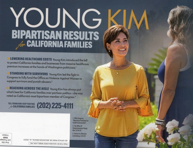 A mailer from Golden State Rebellion, Inc., in support of Rep. Young Kim, The outside group positions the Anaheim Hills Republican as the bipartisan candidate in the 40th Congressional District race against Rep. Ken Calvert, R-Corona. (Provided to SCNG)