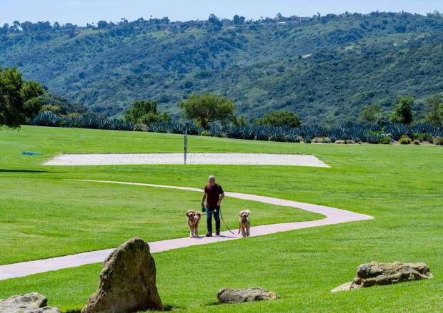 A man walks his dogs through Canyon View Park in Aliso Viejo, on Wednesday, April 17, 2024. A grassroots environmental organization called, Toxic-Free OC, made up of residents who live adjacent to the park, are trying to make the park safer environmentally. Members of the group have reported a series of debilitating illnesses as well as their pets due to their proximity to the park over the past few years. (Photo by Mark Rightmire, Orange County Register/SCNG)