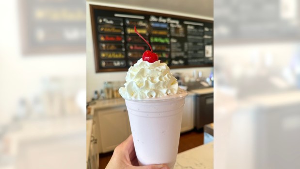 Strawberry milkshake at Blue Scoop Creamery, with locations in Brea and Yorba Linda. (Photo courtesy of Blue Scoop Creamery)