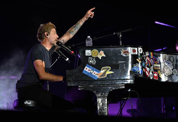Andrew McMahon performs on his upright piano during the Three Pianos tour, August 22, 2026, at the new F&M Bank Amphitheater of Long Beach. (Photo by Steven Georges, Contributing Photographer)