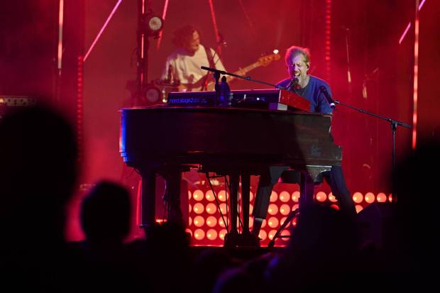 Andrew McMahon performs on his upright piano during the Three Pianos tour, August 22, 2026, at the new F&M Bank Amphitheater of Long Beach. (Photo by Steven Georges, Contributing Photographer)